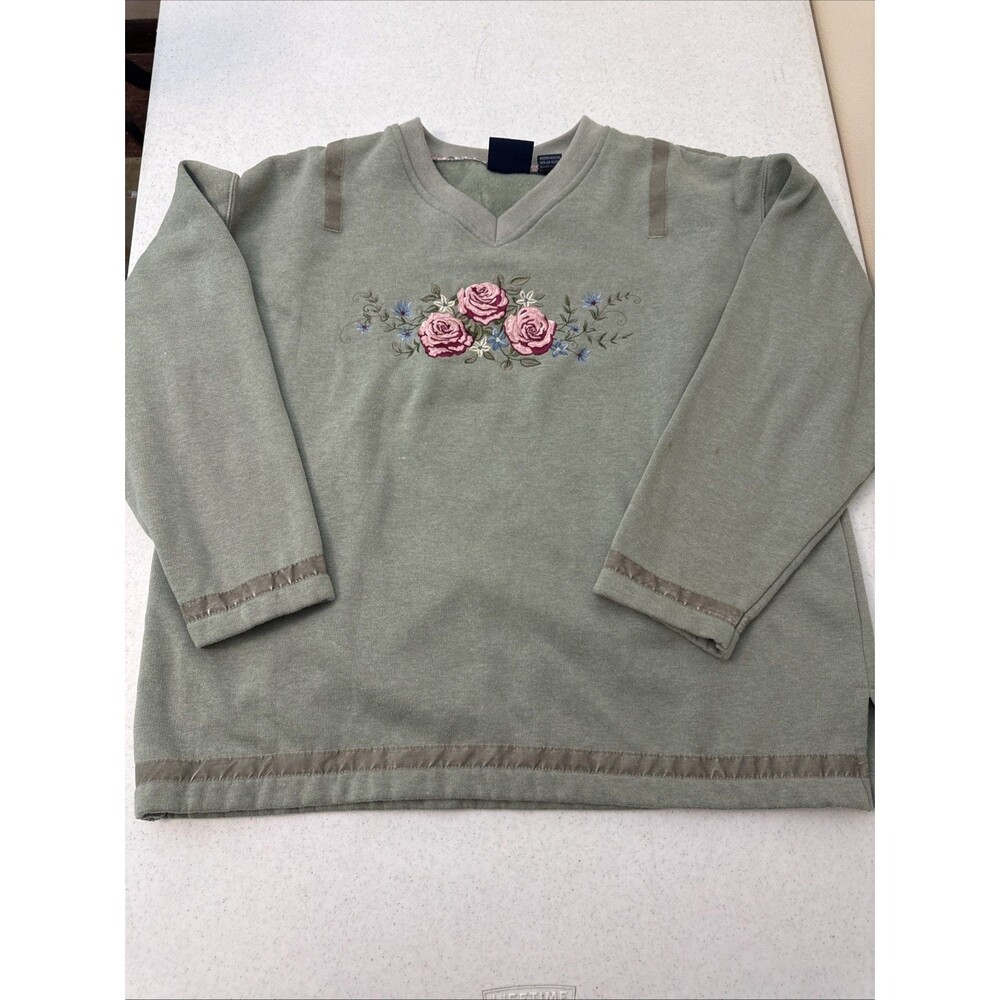 Renee Sport Womens Vintage Green V-Neck Floral Embroidered Floral Sweatshirt XL